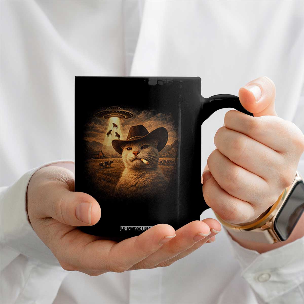 Funny Cowboy Cat UFO Coffee Mug Retro Western Rodeo Meme Cats Lover Gift TS10 Print Your Wear