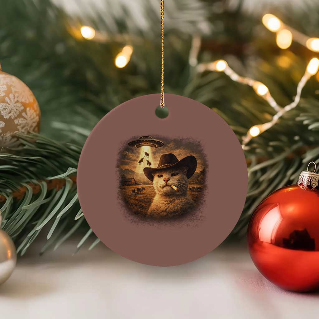 Funny Cowboy Cat UFO Ceramic Ornament Retro Western Rodeo Meme Cats Lover Gift TS10 1pc Mocha Print Your Wear