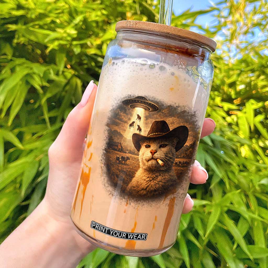 Funny Cowboy Cat UFO Glass Can Retro Western Rodeo Meme Cats Lover Gift TS10 Black Print Your Wear