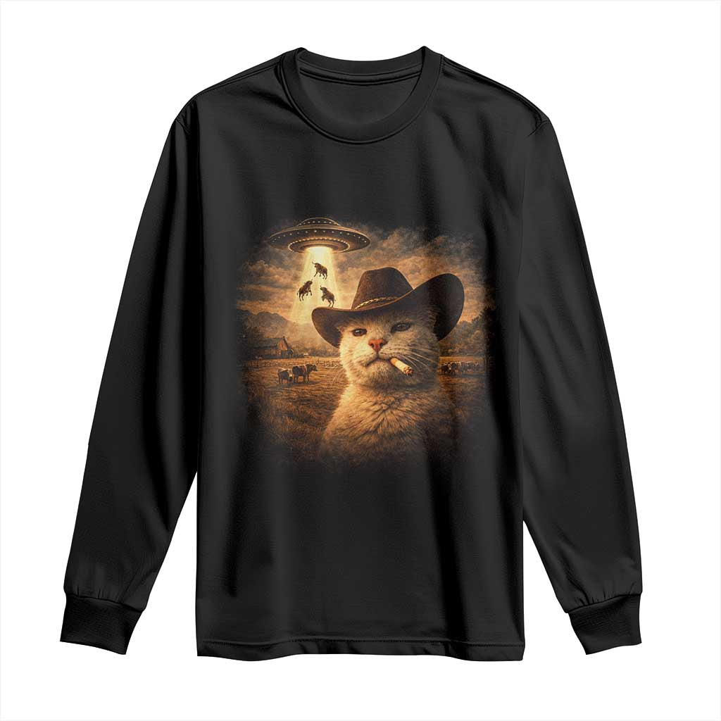 Funny Cowboy Cat UFO Long Sleeve Shirt Retro Western Rodeo Meme Cats Lover Gift TS10 Black Print Your Wear