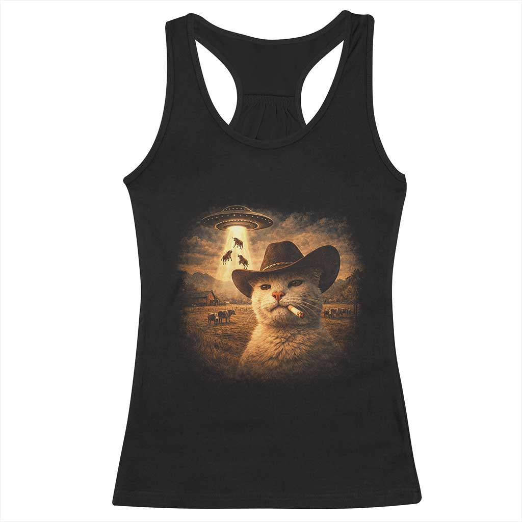 Funny Cowboy Cat UFO Racerback Tank Top Retro Western Rodeo Meme Cats Lover Gift TS10 Black Print Your Wear
