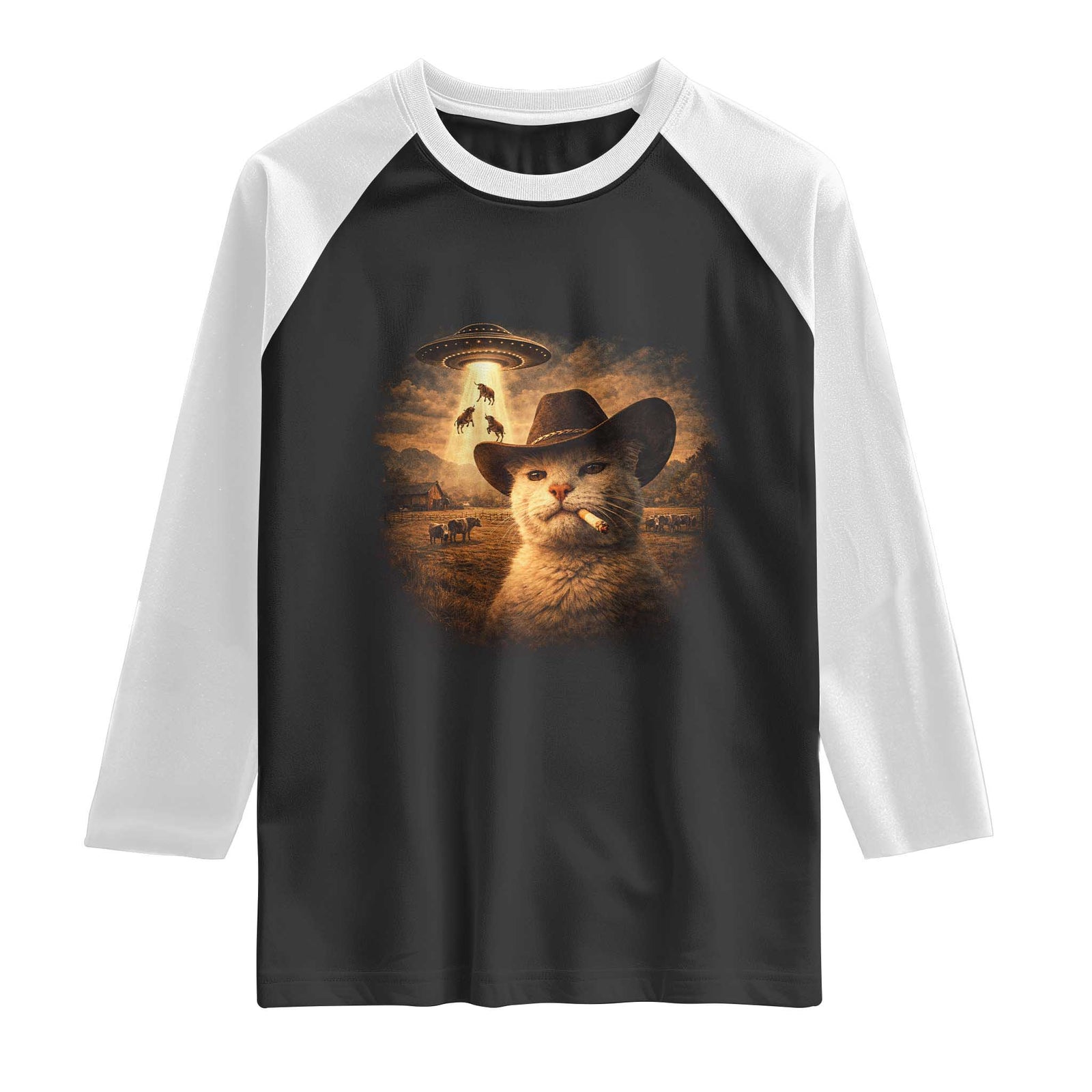 Funny Cowboy Cat UFO Raglan Shirt Retro Western Rodeo Meme Cats Lover Gift TS10 Black White Print Your Wear