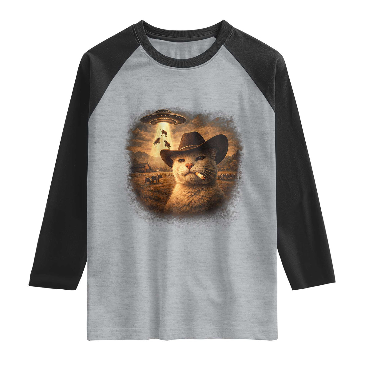 Funny Cowboy Cat UFO Raglan Shirt Retro Western Rodeo Meme Cats Lover Gift TS10 Heather Gray Black Print Your Wear