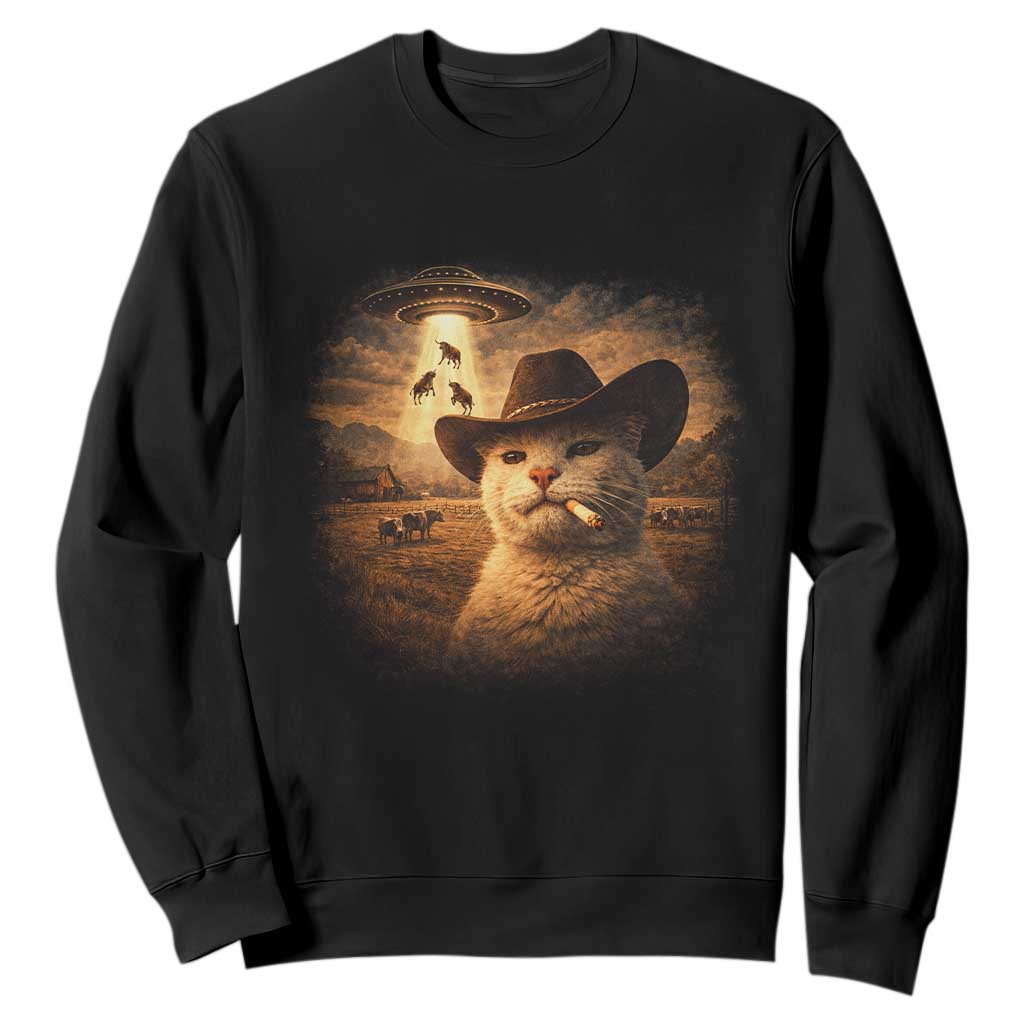 Funny Cowboy Cat UFO Sweatshirt Retro Western Rodeo Meme Cats Lover Gift TS10 Black Print Your Wear