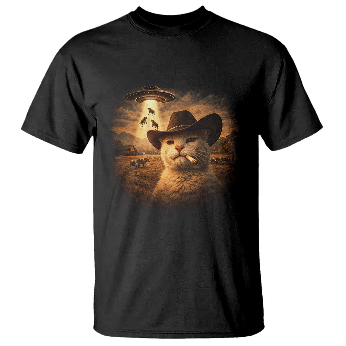 Funny Cowboy Cat UFO T Shirt Retro Western Rodeo Meme Cats Lover Gift TS10 Black Print Your Wear