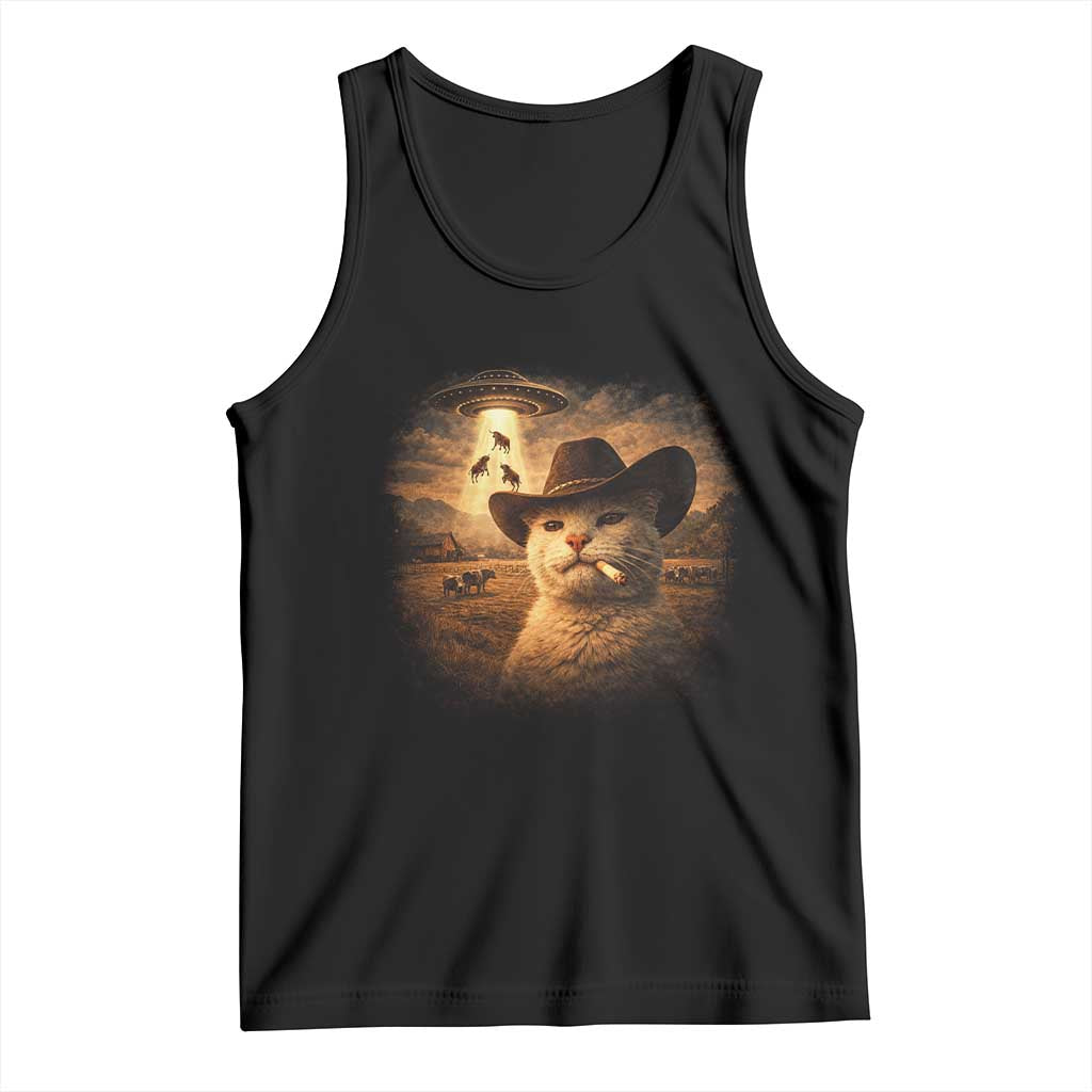 Funny Cowboy Cat UFO Tank Top Retro Western Rodeo Meme Cats Lover Gift TS10 Black Print Your Wear