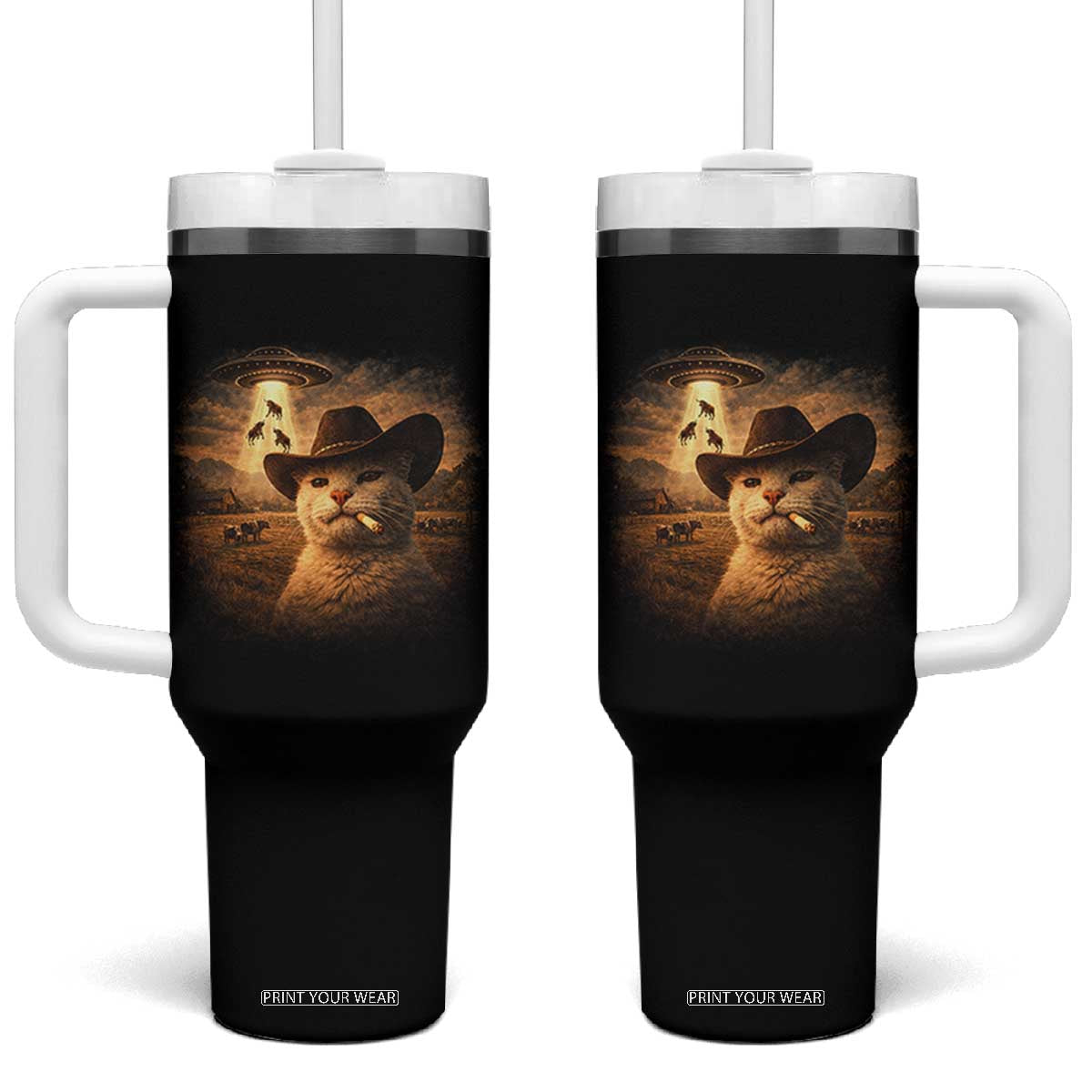 Funny Cowboy Cat UFO Tumbler With Handle Retro Western Rodeo Meme Cats Lover Gift TS10 One Size: 40 oz Black Print Your Wear