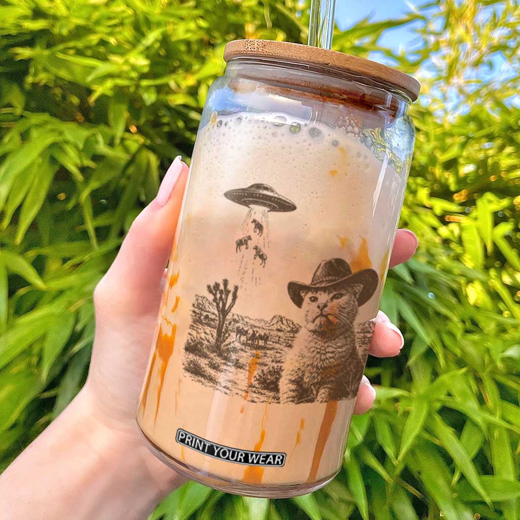 UFO Cowboy Cat Glass Can Vintage Graphic Retro Western Rodeo TS10 White Print Your Wear