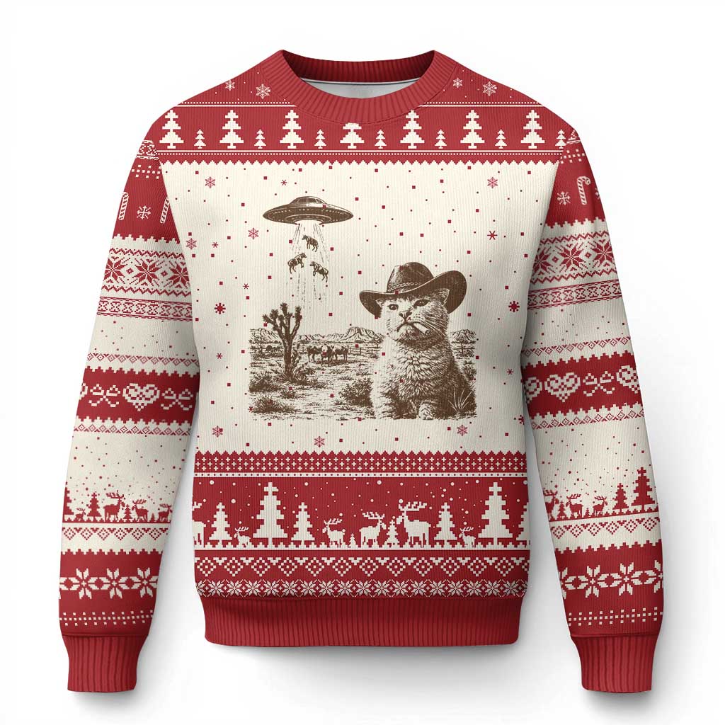 UFO Cowboy Cat Ugly Christmas Sweater Vintage Graphic Retro Western Rodeo TS10 Beige Red Print Your Wear