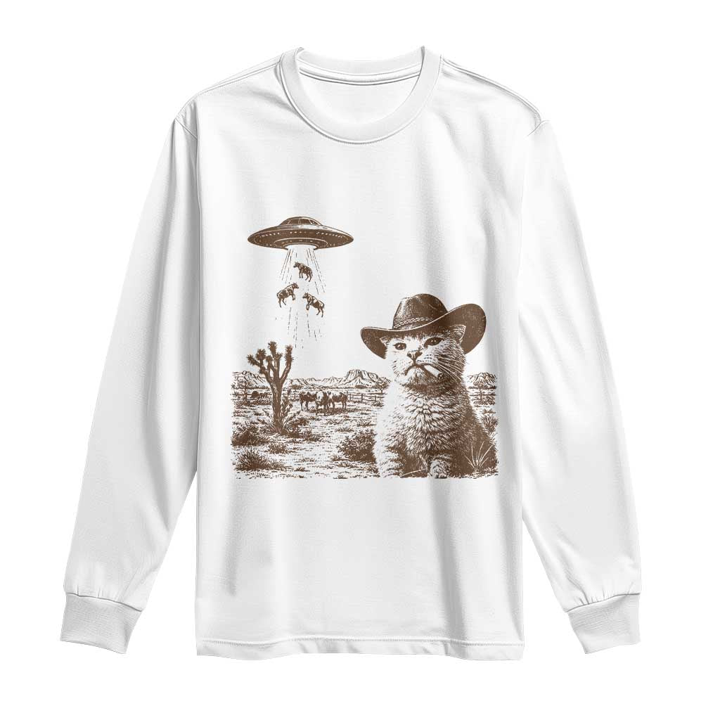 UFO Cowboy Cat Long Sleeve Shirt Vintage Graphic Retro Western Rodeo TS10 White Print Your Wear