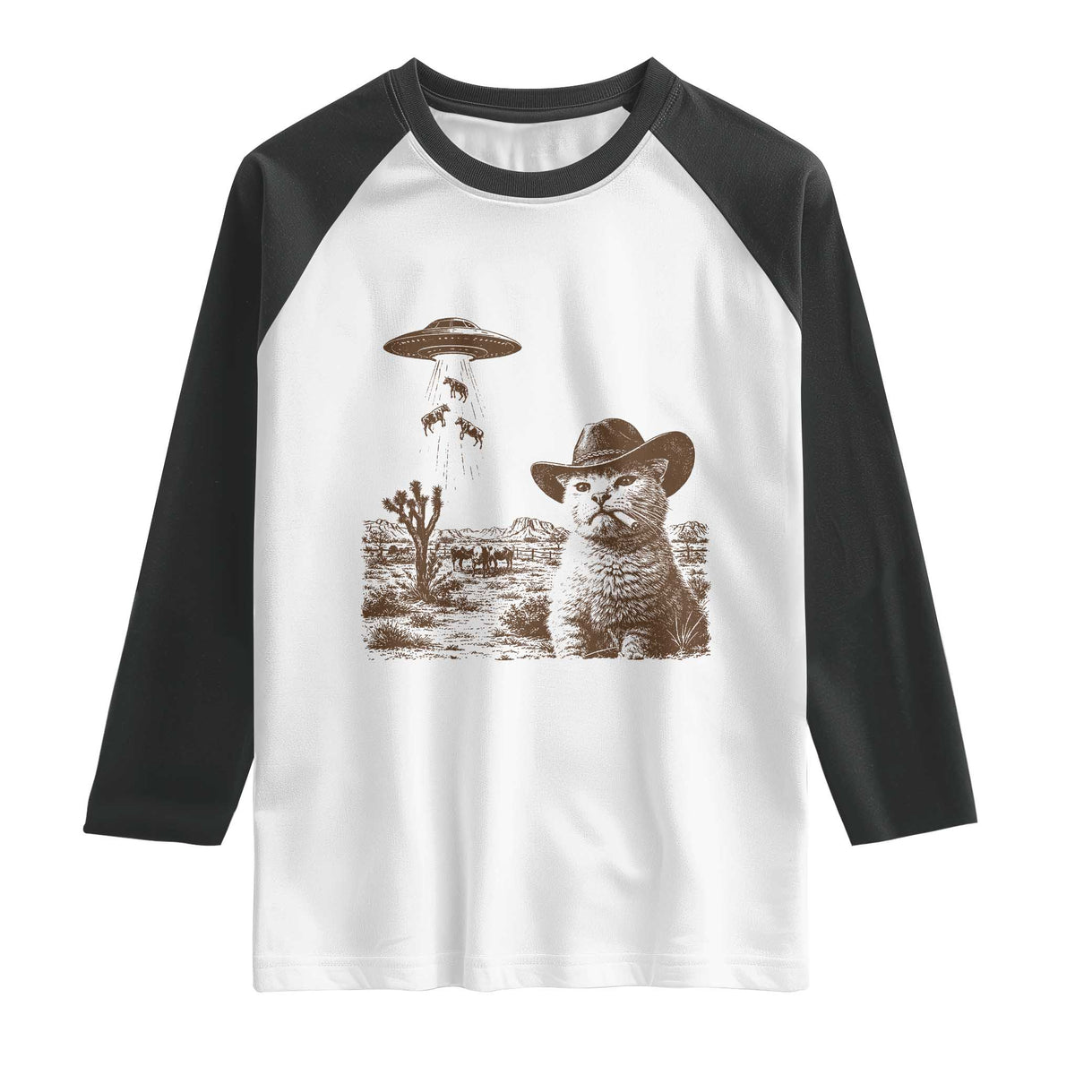 UFO Cowboy Cat Raglan Shirt Vintage Graphic Retro Western Rodeo TS10 White Black Print Your Wear
