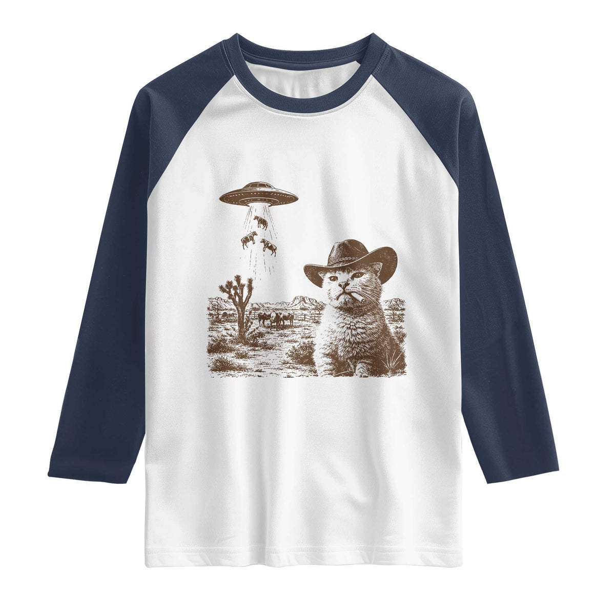 UFO Cowboy Cat Raglan Shirt Vintage Graphic Retro Western Rodeo TS10 White Navy Print Your Wear