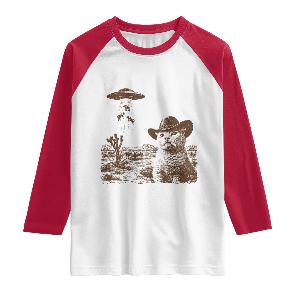 UFO Cowboy Cat Raglan Shirt Vintage Graphic Retro Western Rodeo TS10 White Red Print Your Wear