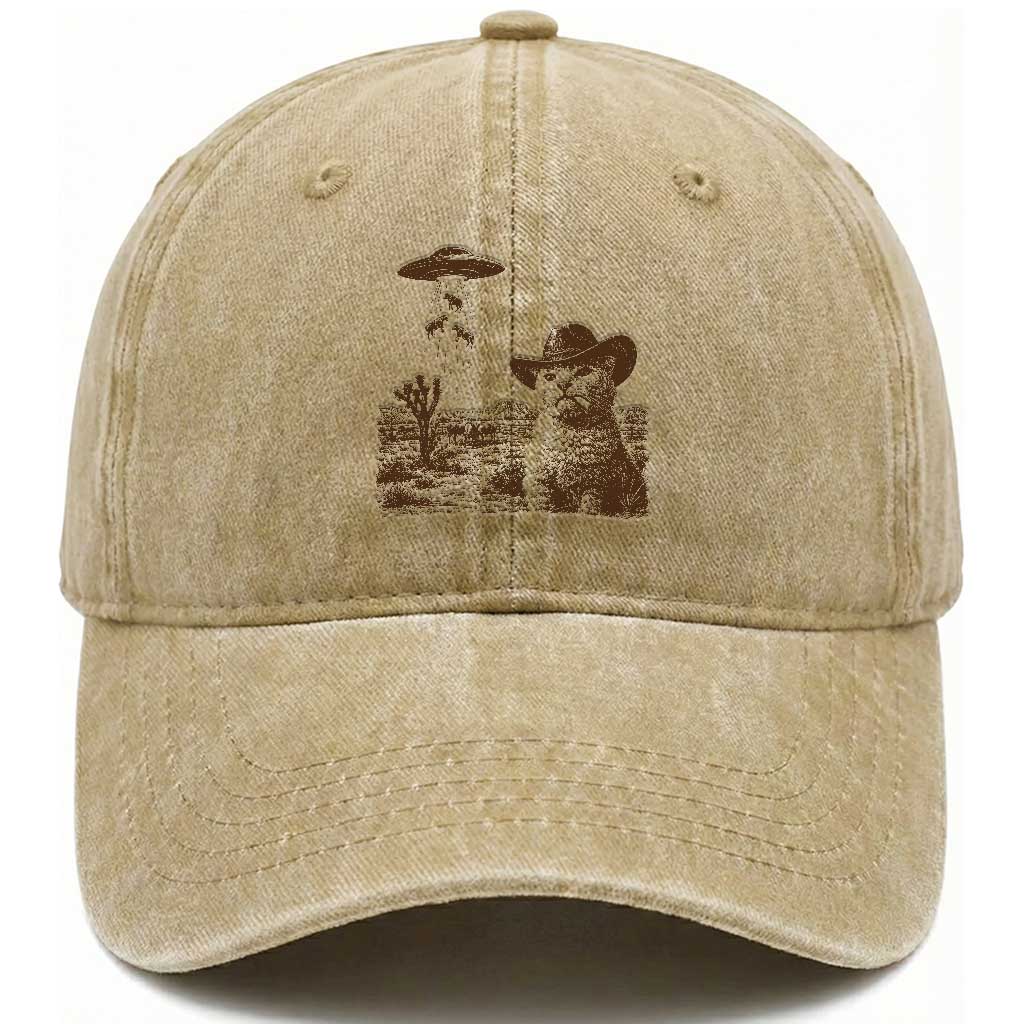 UFO Cowboy Cat Washed Cotton Baseball Cap Vintage Graphic Retro Western Rodeo TS10 Print Your Wear