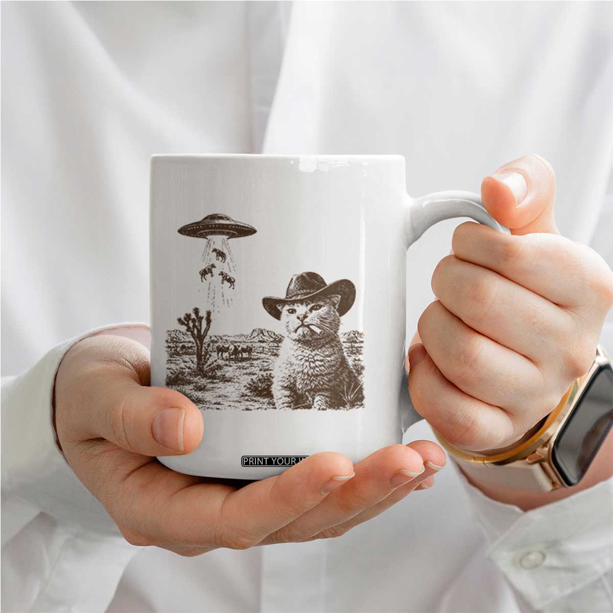 UFO Cowboy Cat Coffee Mug Vintage Graphic Retro Western Rodeo TS10 Print Your Wear