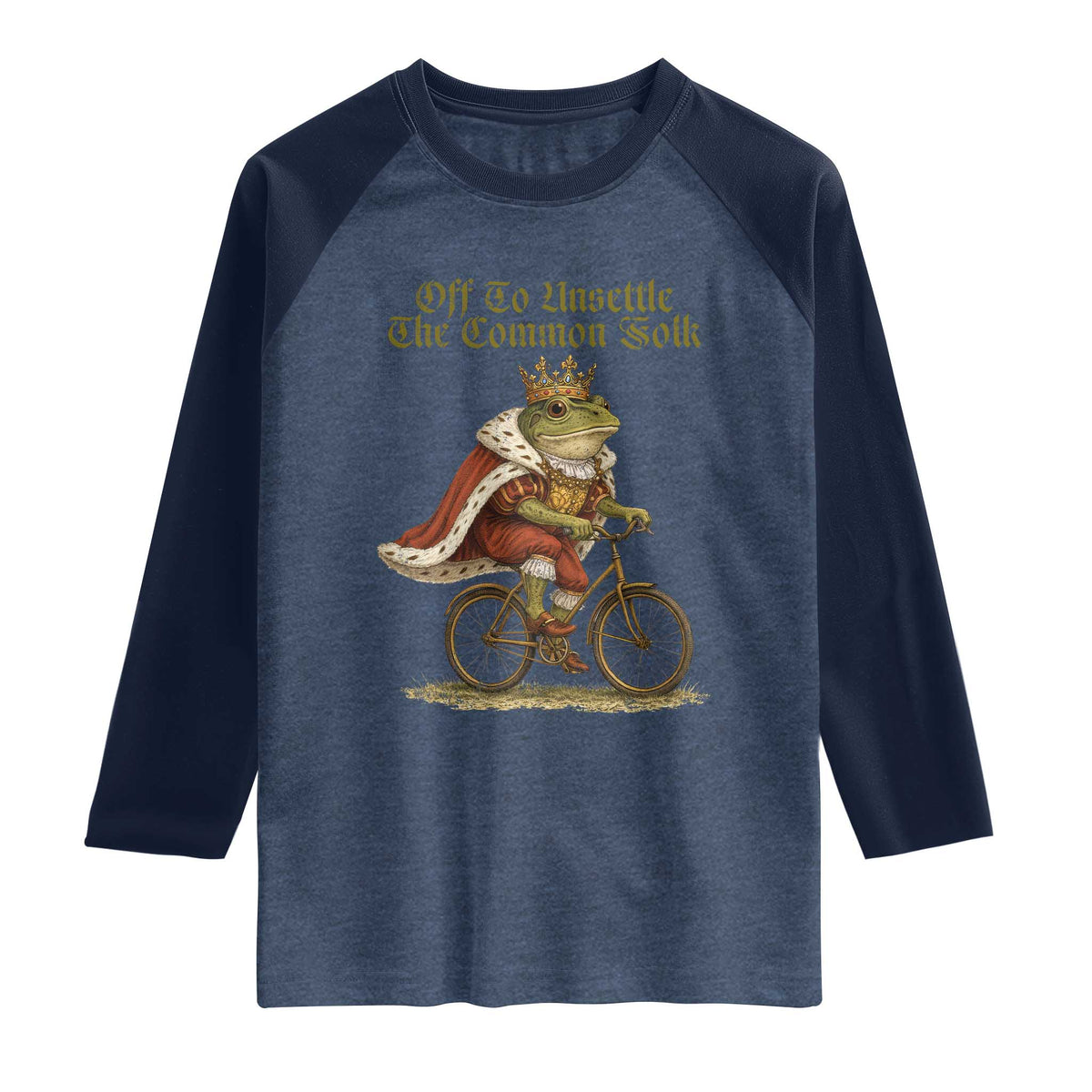 Chaotic Frog Meme Raglan Shirt Off To Unsettle The Common Folk Vintage Unhinged Humor TS10 Heather Denim Navy Print Your Wear