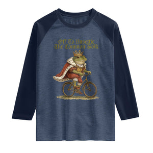 Chaotic Frog Meme Raglan Shirt Off To Unsettle The Common Folk Vintage Unhinged Humor TS10 Heather Denim Navy Print Your Wear