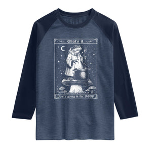 Frog Meme Raglan Shirt Thats It Youre Going In The Soup Funny Weirdcore TS10 Heather Denim Navy Print Your Wear
