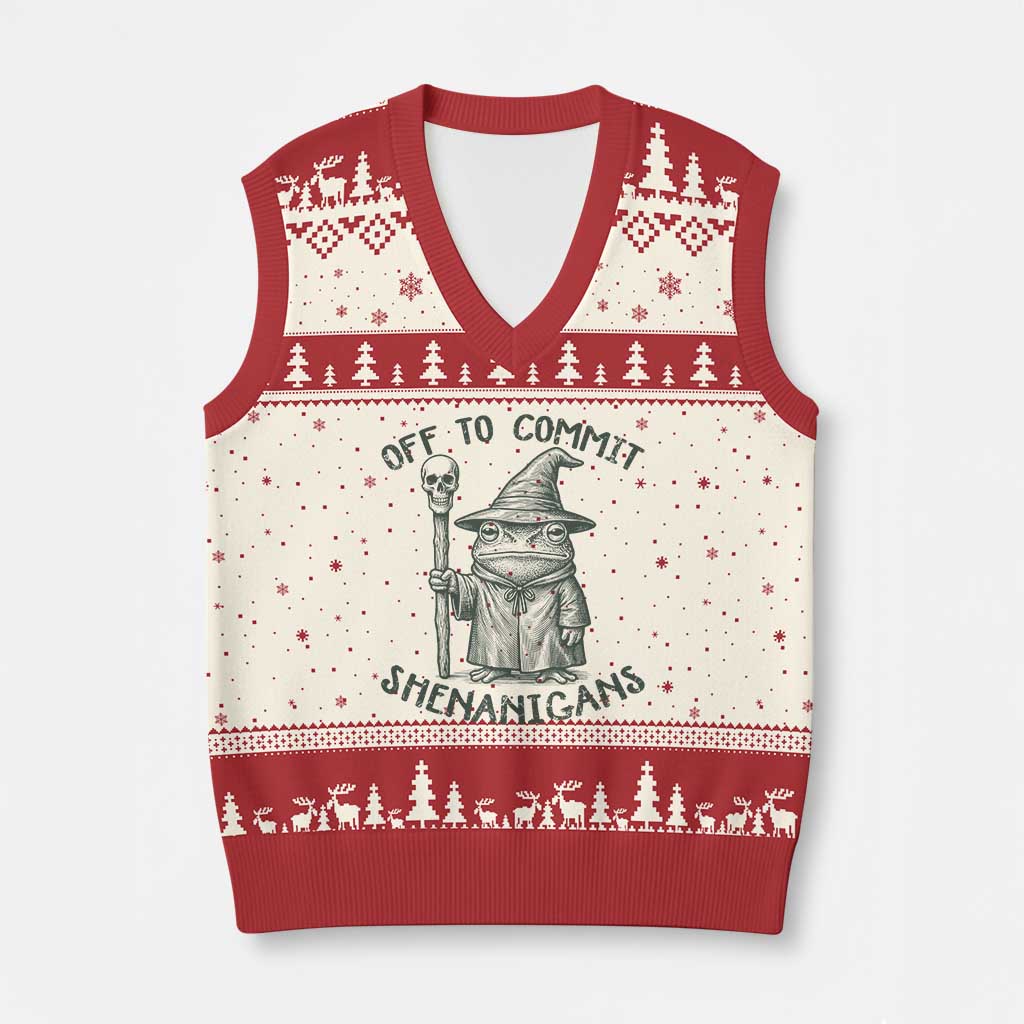Wizard Frog V-Neck Knit Sweater Vest Funny Off to Commit Shenanigans TS10 Beige Red Print Your Wear