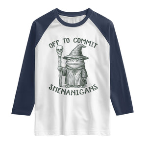 Wizard Frog Raglan Shirt Funny Off to Commit Shenanigans TS10 White Navy Print Your Wear