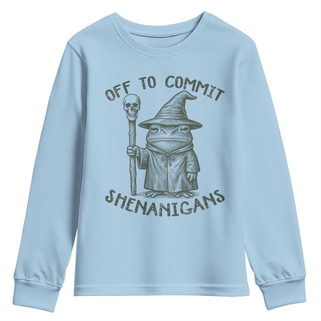 Wizard Frog Youth Sweatshirt Funny Off to Commit Shenanigans TS10 Light Blue Print Your Wear