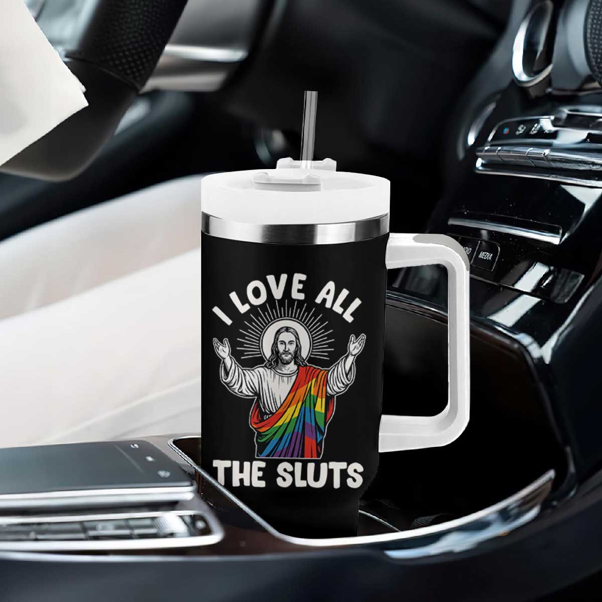 LGBTQ Jesus Tumbler With Handle I Love All The Sluts TS10 Print Your Wear