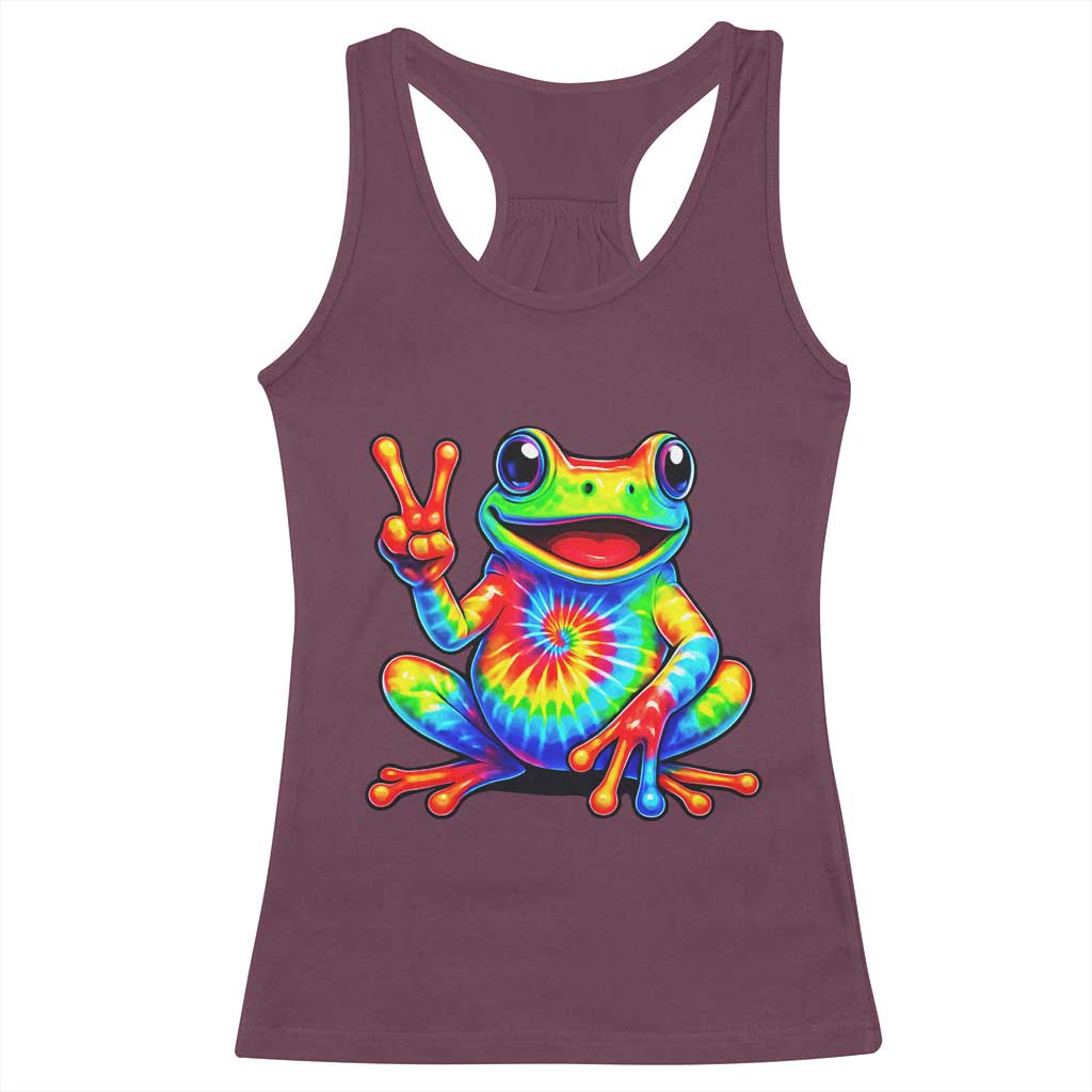 Tie-Dye Frog Peace Sign Hippie Racerback Tank Top Toad Trends Effect Printing TS10 Maroon Print Your Wear