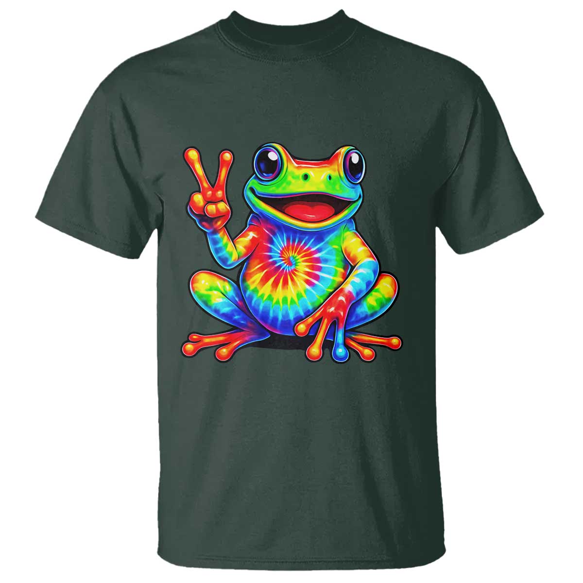 Tie-Dye Frog Peace Sign Hippie T Shirt Toad Trends Effect Printing TS10 Dark Forest Green Print Your Wear