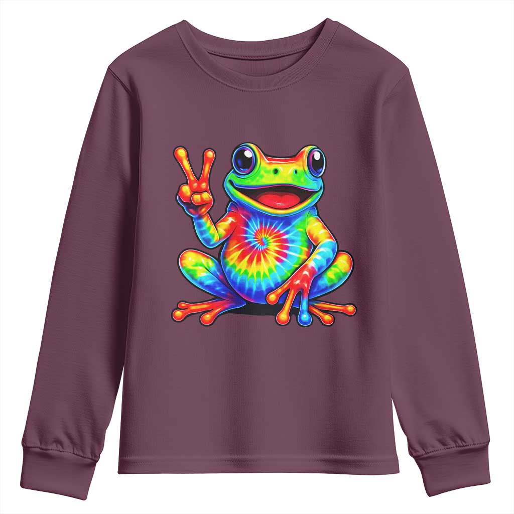 Tie-Dye Frog Peace Sign Hippie Youth Sweatshirt Toad Trends Effect Printing TS10 Maroon Print Your Wear
