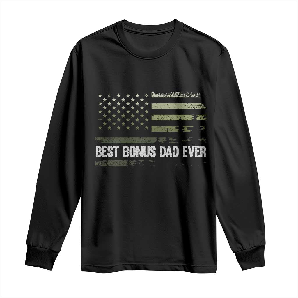 Best Bonus Dad Ever Long Sleeve Shirt Stepdad American Flag Trees Outdoor Wildlife Nature Vintage Forest TS10 Black Print Your Wear