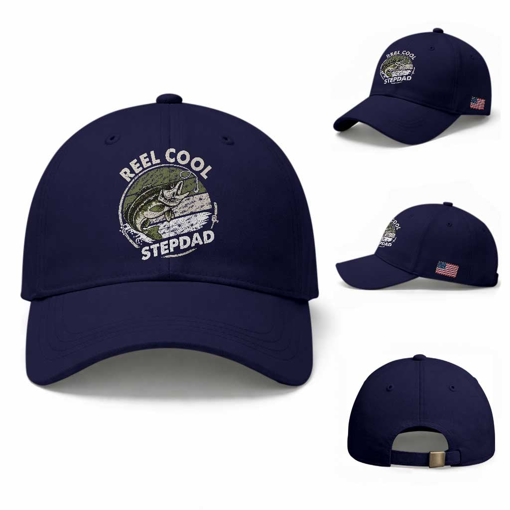 Reel Cool Stepdad Baseball Cap Fathers Day Gift for Fisherman Bonus Dad TS10 Baseball Cap Universal Fit Dark Blue Print Your Wear