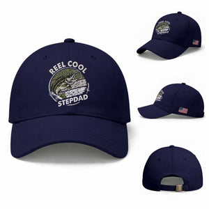 Reel Cool Stepdad Baseball Cap Fathers Day Gift for Fisherman Bonus Dad TS10 Baseball Cap Universal Fit Dark Blue Print Your Wear