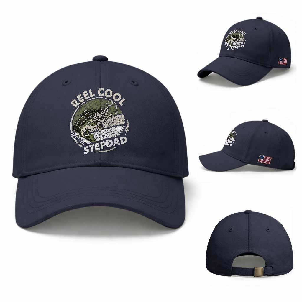Reel Cool Stepdad Baseball Cap Fathers Day Gift for Fisherman Bonus Dad TS10 Baseball Cap Universal Fit Navy Print Your Wear