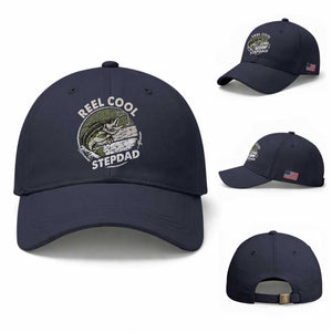 Reel Cool Stepdad Baseball Cap Fathers Day Gift for Fisherman Bonus Dad TS10 Baseball Cap Universal Fit Navy Print Your Wear