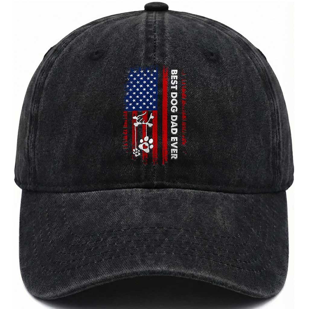 Best Dog Dad Ever Washed Cotton Baseball Cap Fathers Day Gift From Dog USA Flag Puppy Lover Paw TS10 Print Your Wear