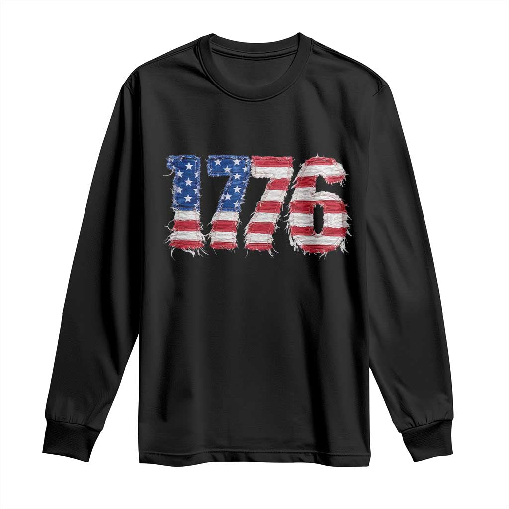 Distressed Faux Patchwork 1776 USA Flag Long Sleeve Shirt Vintage Effect Printing Patriotic Graphic 4th Of July Independence Day TS10 Black Print Your Wear