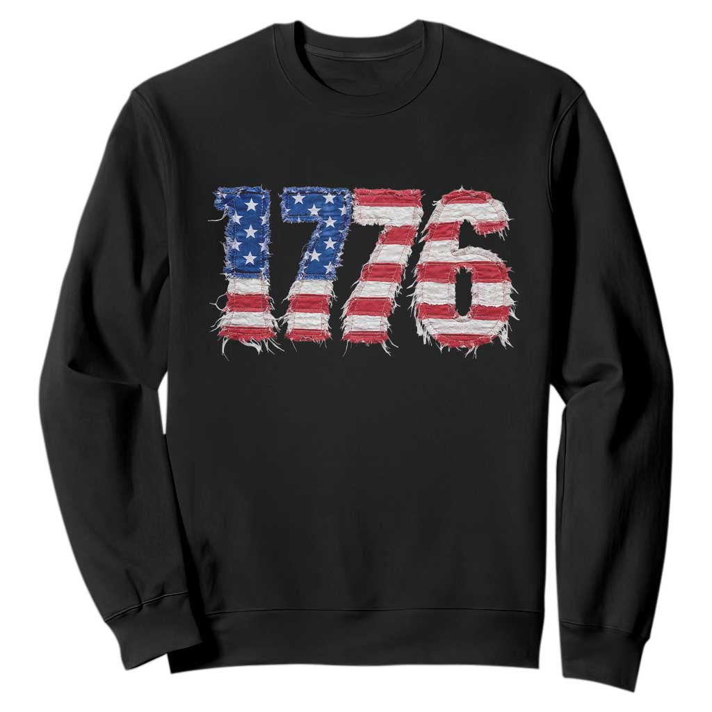 Distressed Faux Patchwork 1776 USA Flag Sweatshirt Vintage Effect Printing Patriotic Graphic 4th Of July Independence Day TS10 Black Print Your Wear