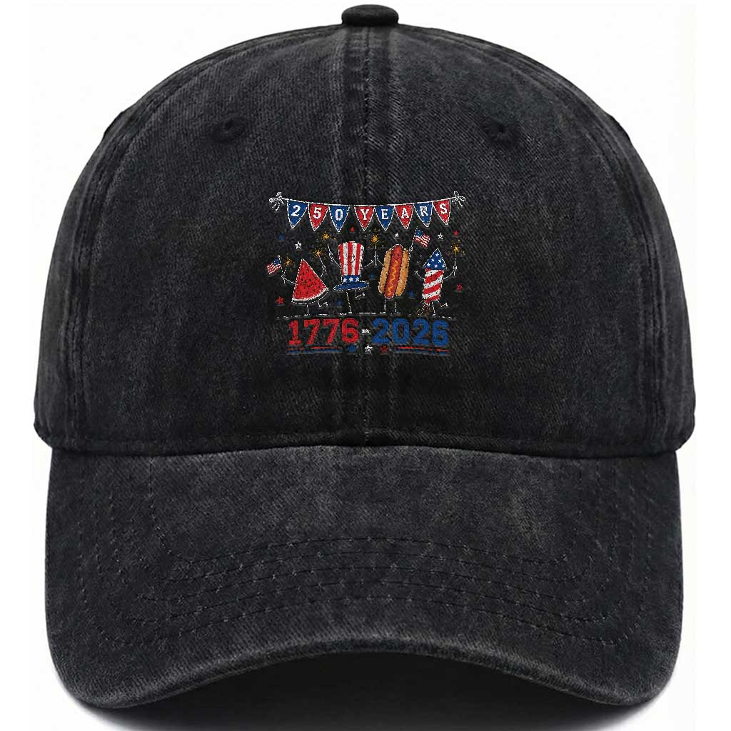250 Years American 1776 2026 Washed Cotton Baseball Cap Patriotic Watermelon Hotdog Firework 250th 4th July Independence Day TS10 Print Your Wear
