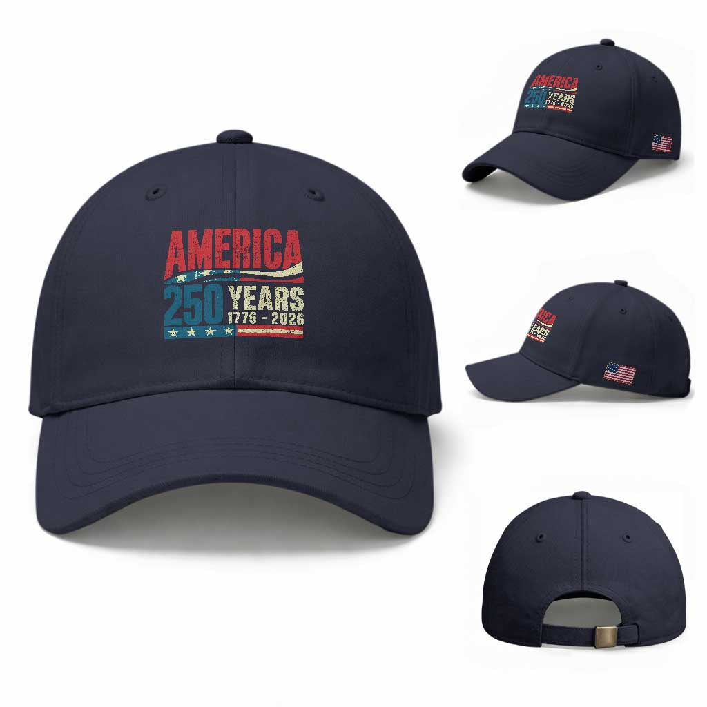 250th Anniversary USA Baseball Cap Retro 250 Years American 1776 2026 US Flag TS10 Baseball Cap Universal Fit Navy Print Your Wear