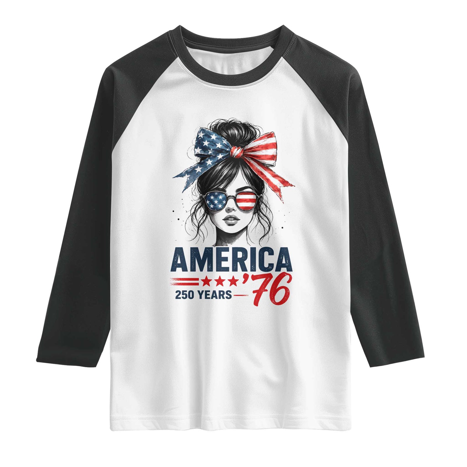 America 250 Years Raglan Shirt 250th Anniversary USA Patriotic Girl Messy Bun 1776 2026 TS10 White Black Print Your Wear