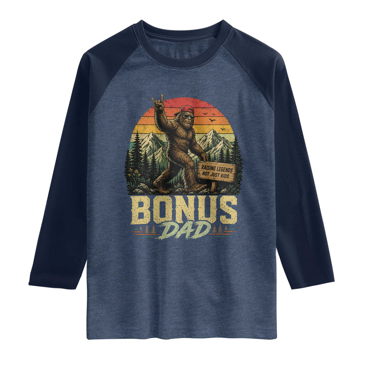 Bigfoot Bonus Dad Raglan Shirt Retro Stepdad Fathers Day Gifts TS10 Heather Denim Navy Print Your Wear