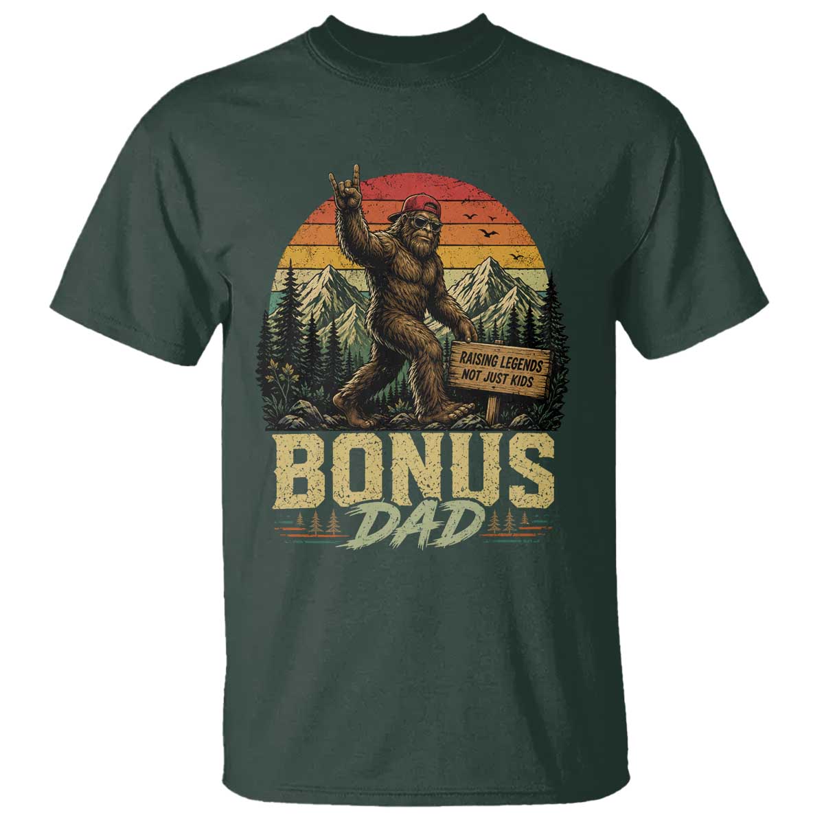 Bigfoot Bonus Dad T Shirt Retro Stepdad Fathers Day Gifts TS10 Dark Forest Green Print Your Wear