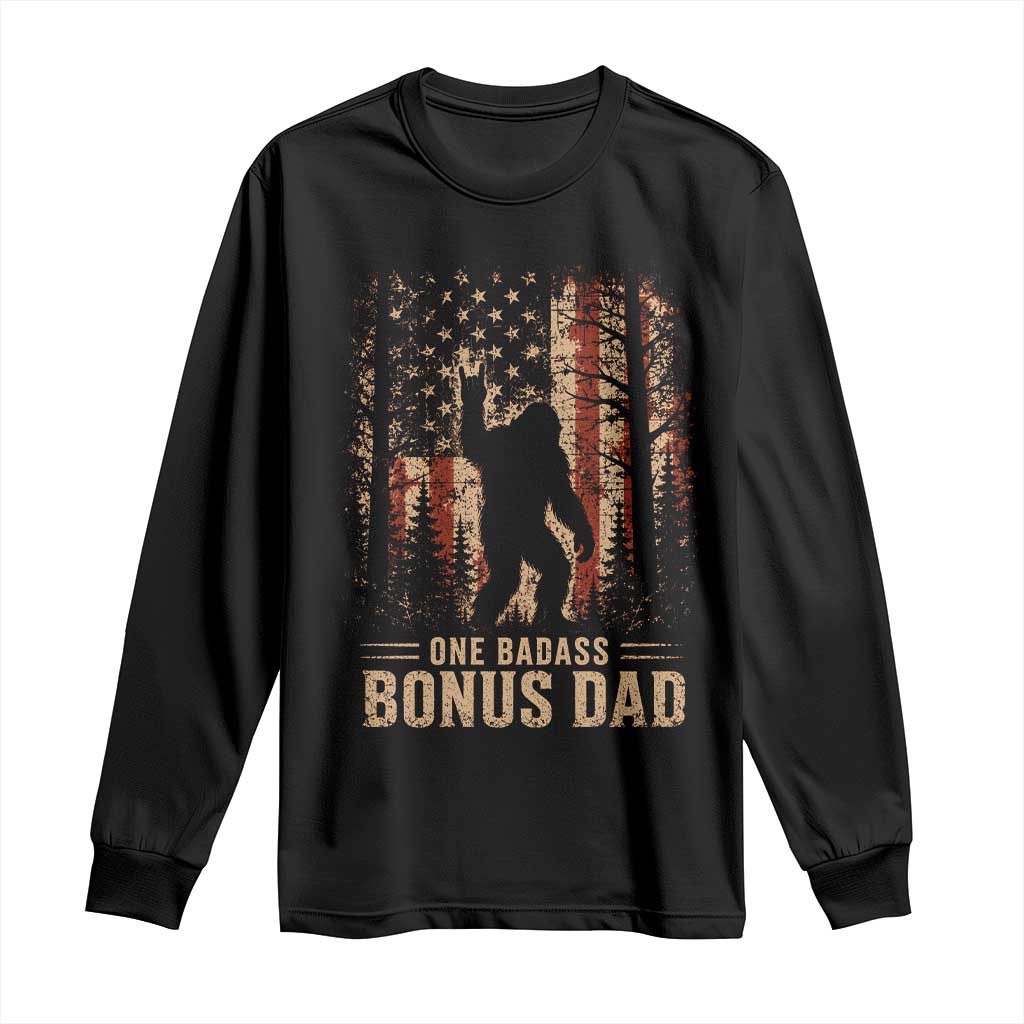 One Badass Bonus Dad Long Sleeve Shirt Vintage Bigfoot Stepdad American Flag TS10 Black Print Your Wear