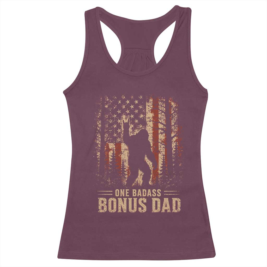 One Badass Bonus Dad Racerback Tank Top Vintage Bigfoot Stepdad American Flag TS10 Maroon Print Your Wear