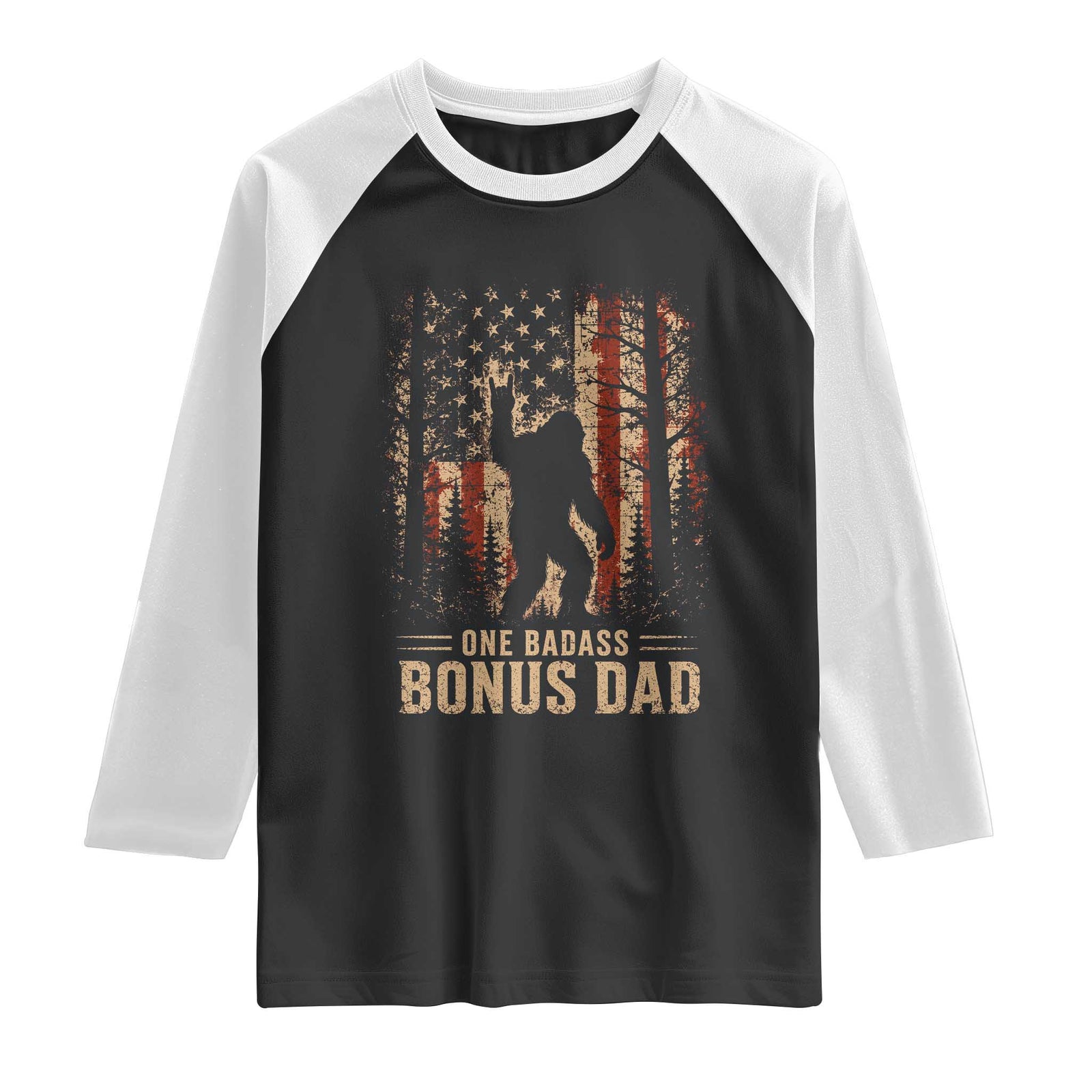 One Badass Bonus Dad Raglan Shirt Vintage Bigfoot Stepdad American Flag TS10 Black White Print Your Wear