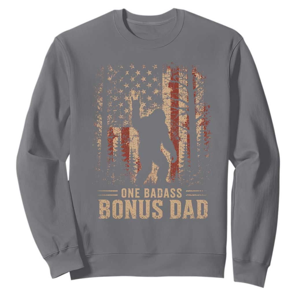 One Badass Bonus Dad Sweatshirt Vintage Bigfoot Stepdad American Flag TS10 Charcoal Print Your Wear