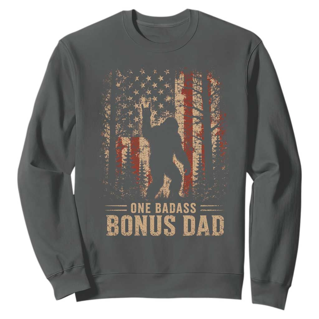 One Badass Bonus Dad Sweatshirt Vintage Bigfoot Stepdad American Flag TS10 Dark Heather Print Your Wear