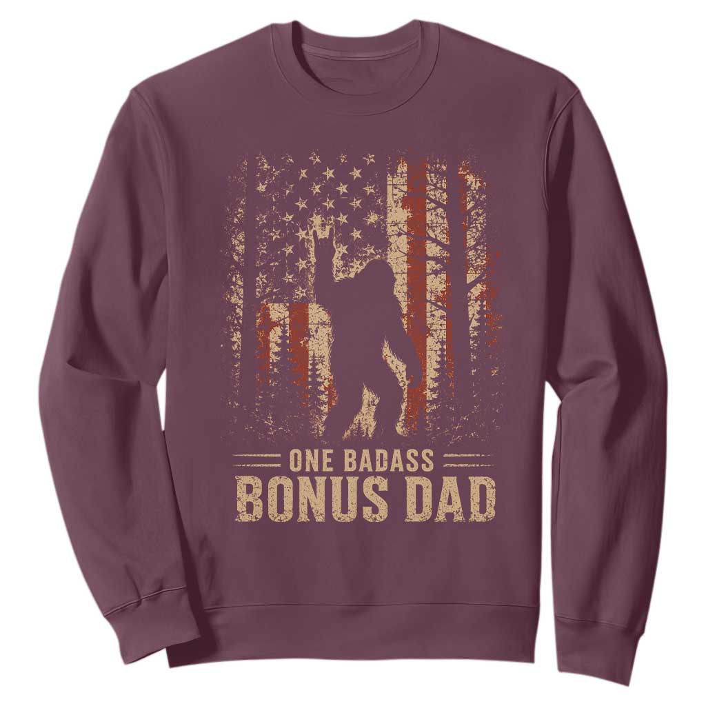 One Badass Bonus Dad Sweatshirt Vintage Bigfoot Stepdad American Flag TS10 Maroon Print Your Wear
