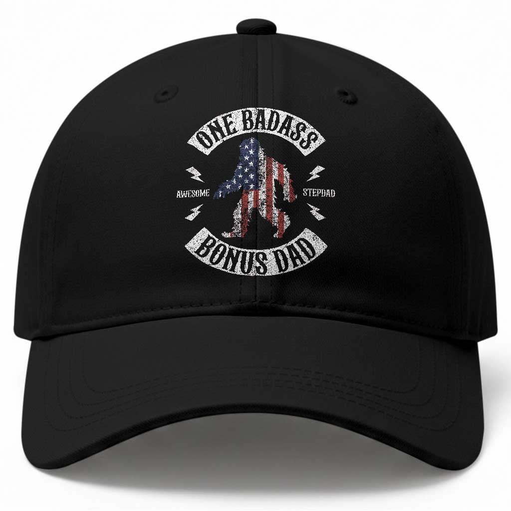 One Badass Bonus Dad Baseball Cap Vintage Bigfoot Stepdad Birthday Step Dad US Flag TS10 Print Your Wear