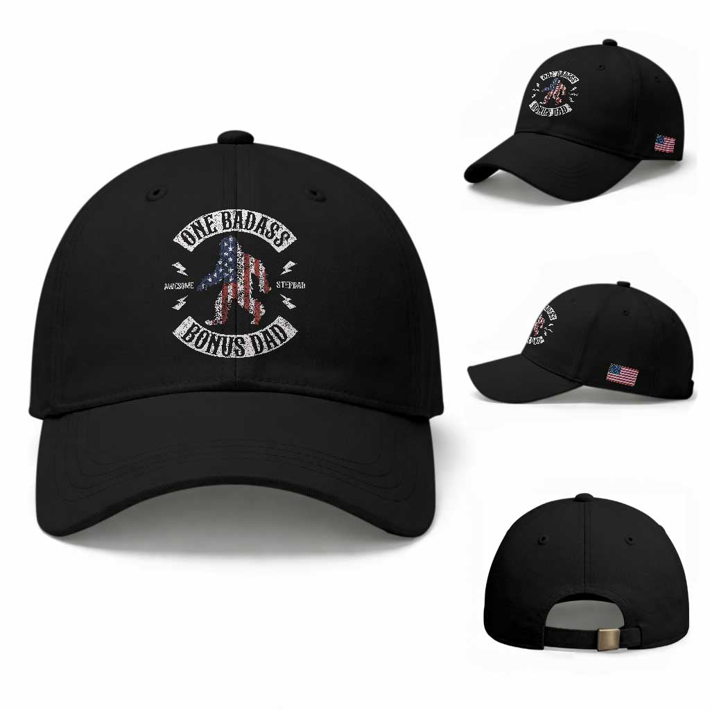 One Badass Bonus Dad Baseball Cap Vintage Bigfoot Stepdad Birthday Step Dad US Flag TS10 Baseball Cap Universal Fit Black Print Your Wear